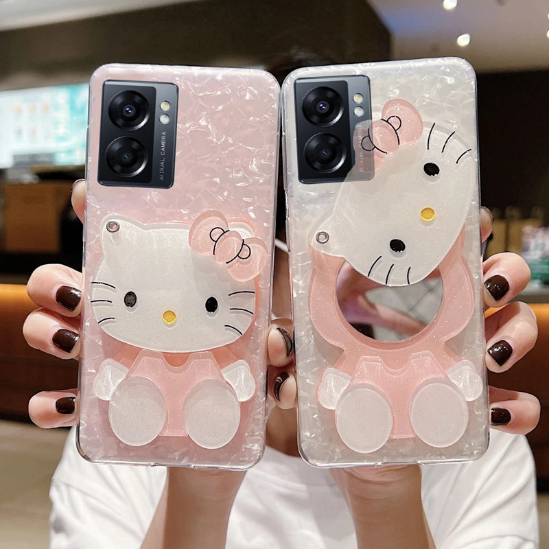 

Cosmetic Cute Cat Makeup Mirror Stand Phone Case For OPPO A77 A74 A73 4G 5G A77S A76 A72 Slicone Back Cover Protection Case