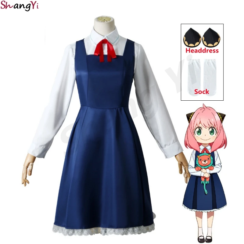 

Anime SPY X FAMILY Anya Forger Cosplay Costume Blue Dress Uniform Cute Girls Pink Wig Stockings Party Role Outfit Adults Kids