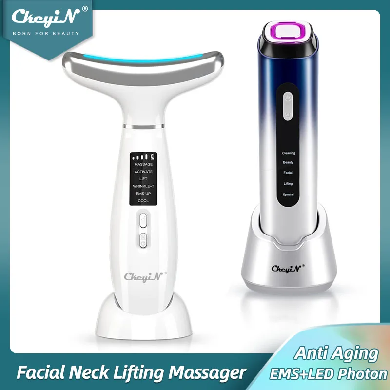 

CkeyiN EMS Neck Slimming Massager Hot Compress Wrinkle Remover LED Photon Skin Rejuvenation Anti Aging Facial Lifting Device