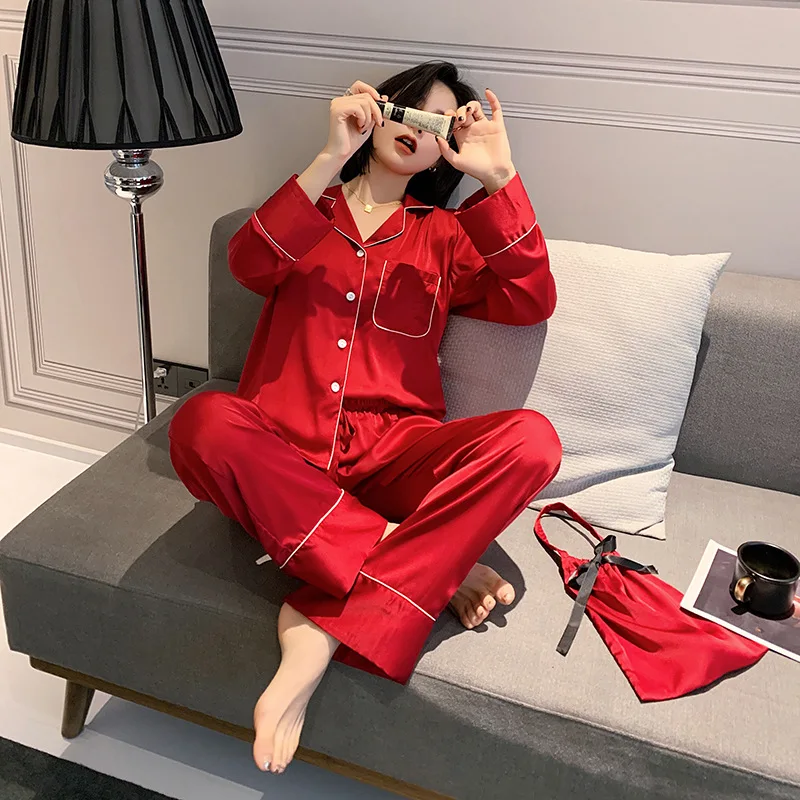 3PCS/Set Pajamas Set Sexy Solid Color Sleepwear Women Full Sleeve Pyjama Women's Rayon Polyester Fashion Autumn Home NEW Clothes