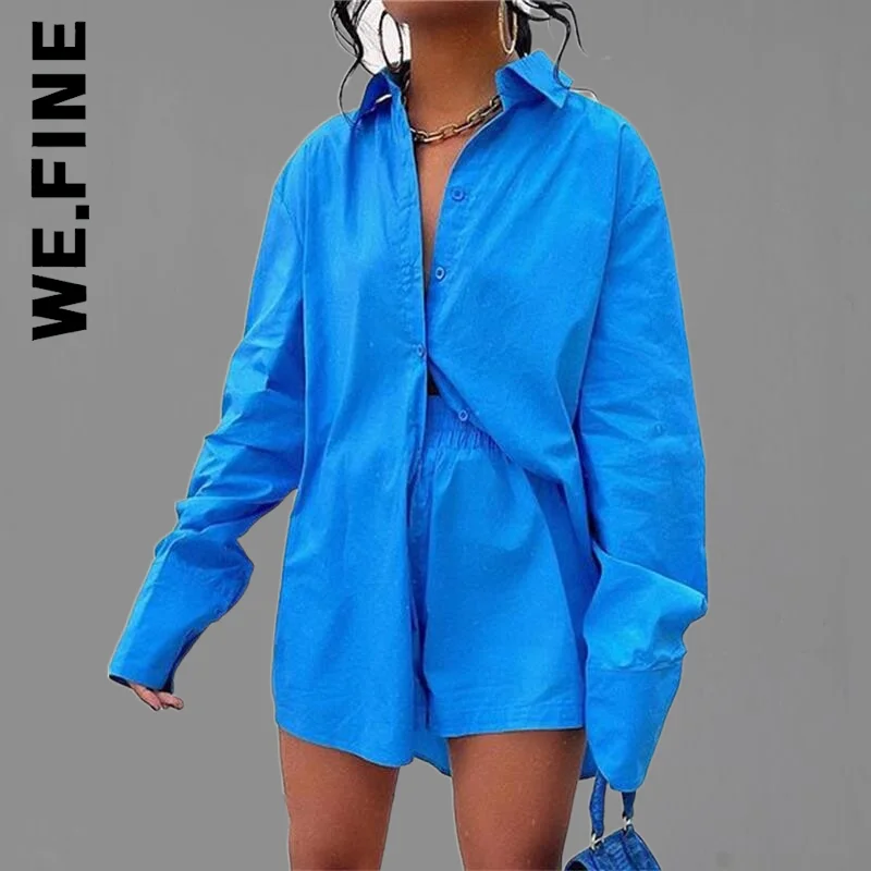 

We.Fine Fashion Tracksuit Two Piece Set Women Blue Suit 2022 Casual Loose Long Sleeve Shirt Summer Tops And Mini Shorts Outfits
