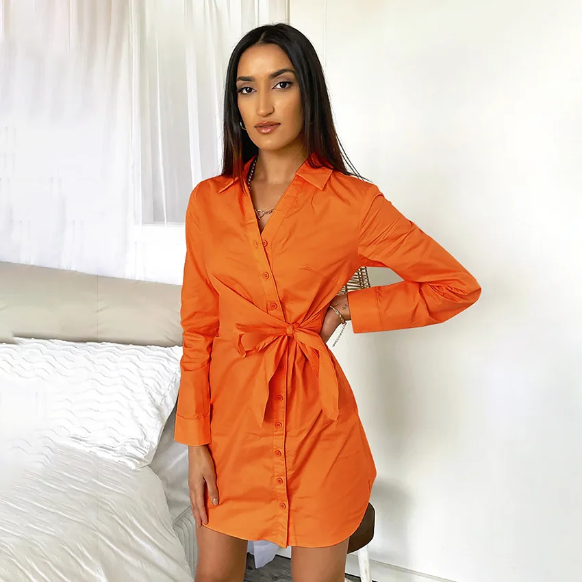 

Осеннее Новое однотонное платье-рубашка с длинным рукавом и галстуком, модное Повседневное платье с высокой талией и подолом в европейском и американском стиле