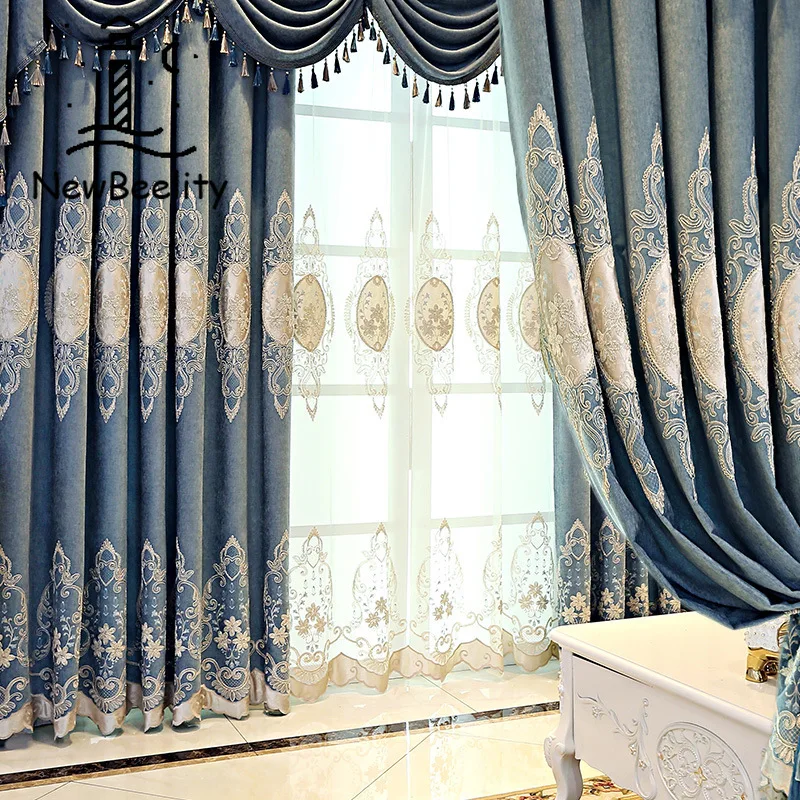 

European-style Curtains for Living Dining Room Bedroom Luxury Chenille Embroidered Curtains Valance French Window Custom