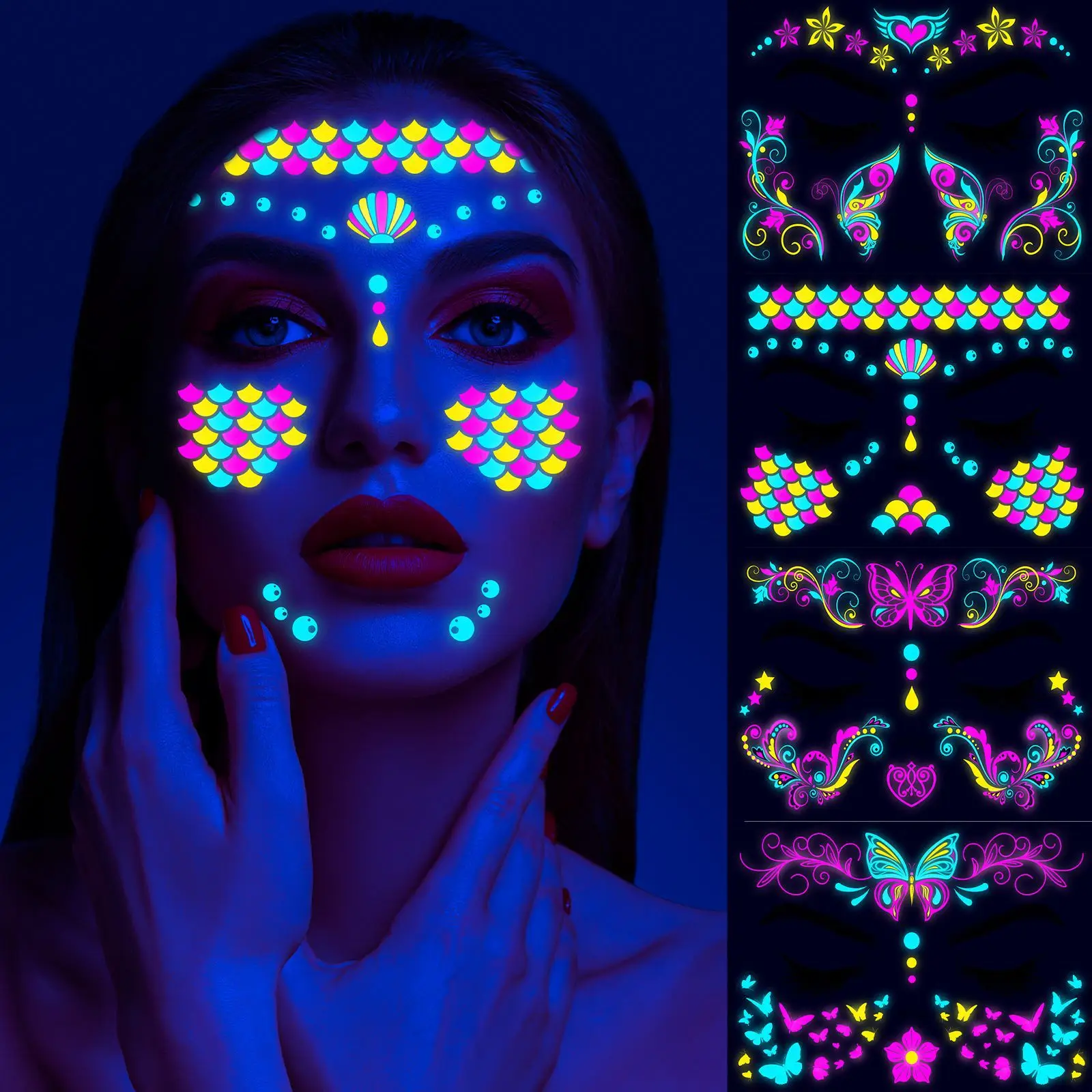 

Fluorescent Halloween Face Tattoo Sticker Butterfly Rose Fake Tattoo UV Glow In The Dark Festival Masquerade Party Body Sticker