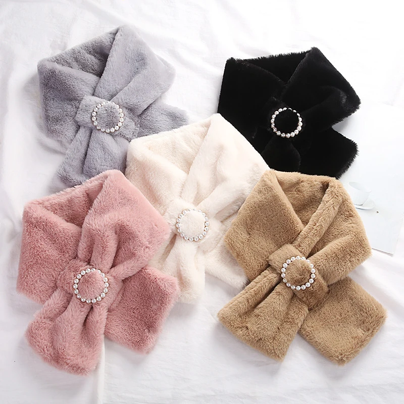 

Collar Pearl Button Cross Plush Scarf Female Winter Double Sided Thick Neck Protection Warm Shawl