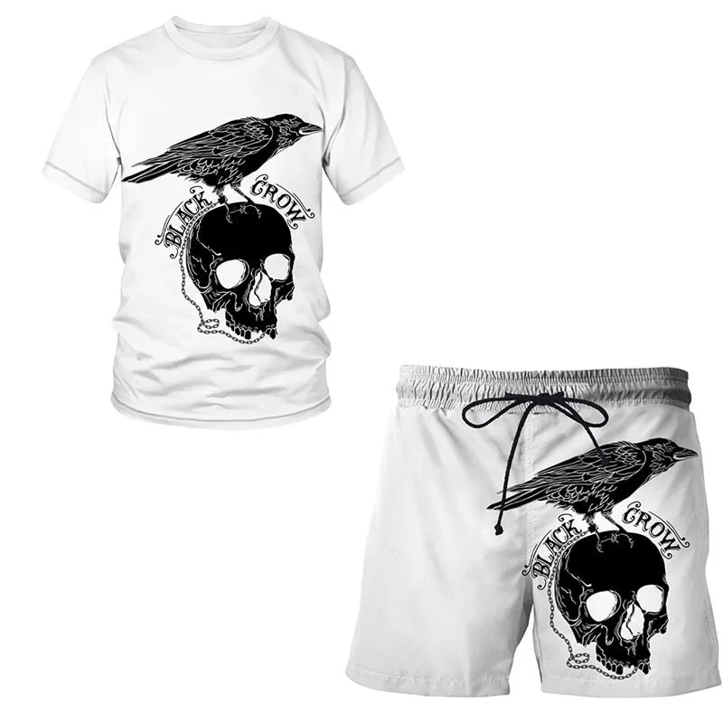 

2022 New Creative Print Men's Suit Skull T-Shirt and Shorts Vintage Car Print Hip Hop Street 2 Piece O Neck Fashion Short Sleeve