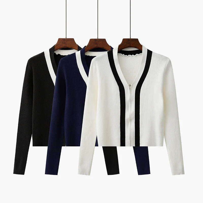 

Abrini V-neck Patchwork All-match Cardigan Slim Elastic Sweater Knit Sweater Autumn Women Long-sleeved Zipper Cardigan Korean