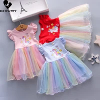 girls dresses summer 2022 kids baby girl cartoon unicorn short sleeve o neck dress fashion mesh patchwork princess dresses