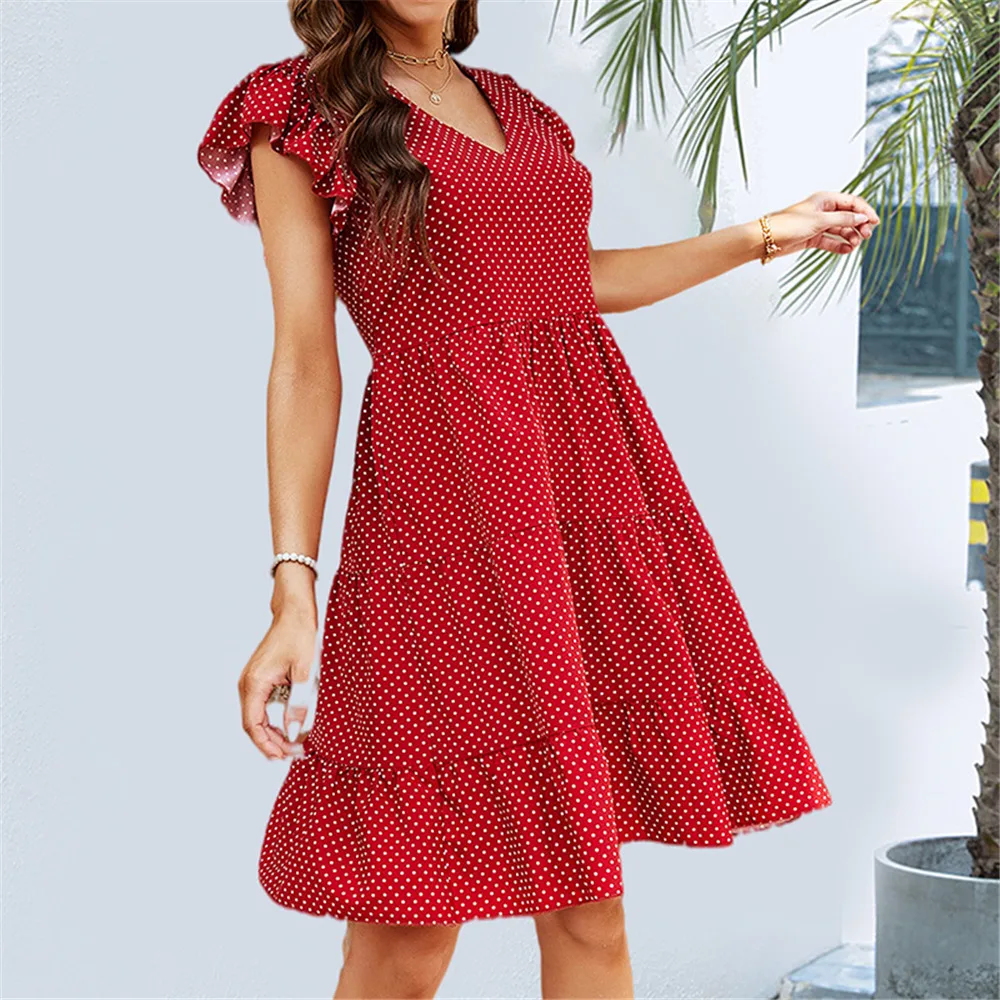 

Платье женское средней длины в горошек, с V-образным вырезом и коротким рукавом