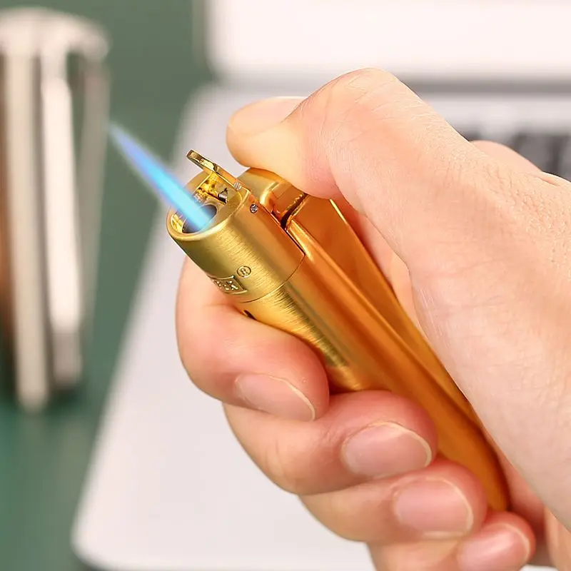 Металлическая зажигалка для стрижки, прямая струйная газовая зажигалка с синим пламенем, ветрозащитная Зажигалка для пламени с пылезащитной крышкой, Бутановая зеркальная зажигалка, мужской гаджет