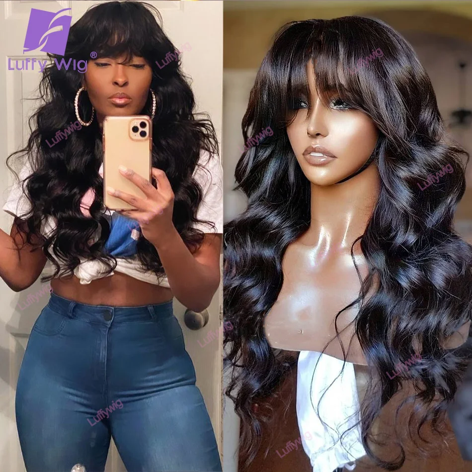 Wavy Human Hair Wigs With Bangs Brazilian Remy Hair Machine Made O Scalp Top Wig 200 Density Glueless For Black Women Luffywig