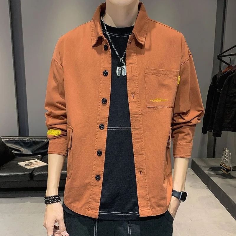 

2023 Mens Denim Shirt Long Sleeve Autumn New Korean Style Fashion Solid Casual Turn-Down Collar Single Breasted Male Blouse
