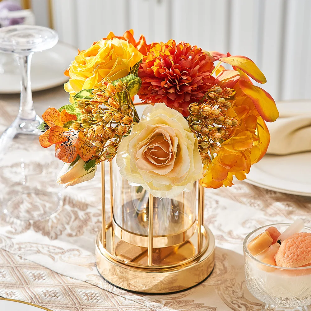 

Modern Glass Vase Golden Metal European Transparent Flower Vases Nordic Decoration Home Living Room Decoration Crafts Gifts