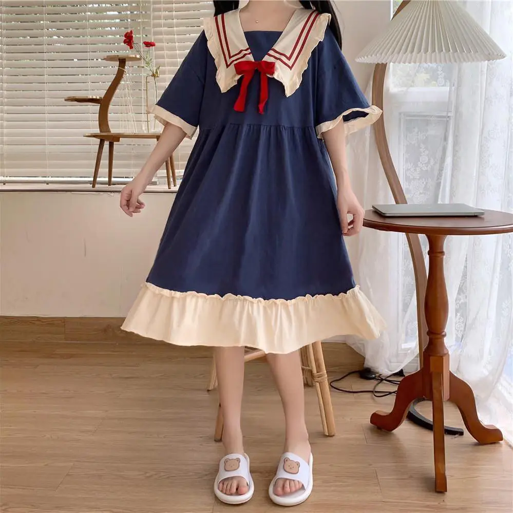 QWEEK Women's Nightgowns Kawaii Princess Style Nightdress Bow Navy Collar Sleepdress Summer Homedress Nightwear Cosplay Cute