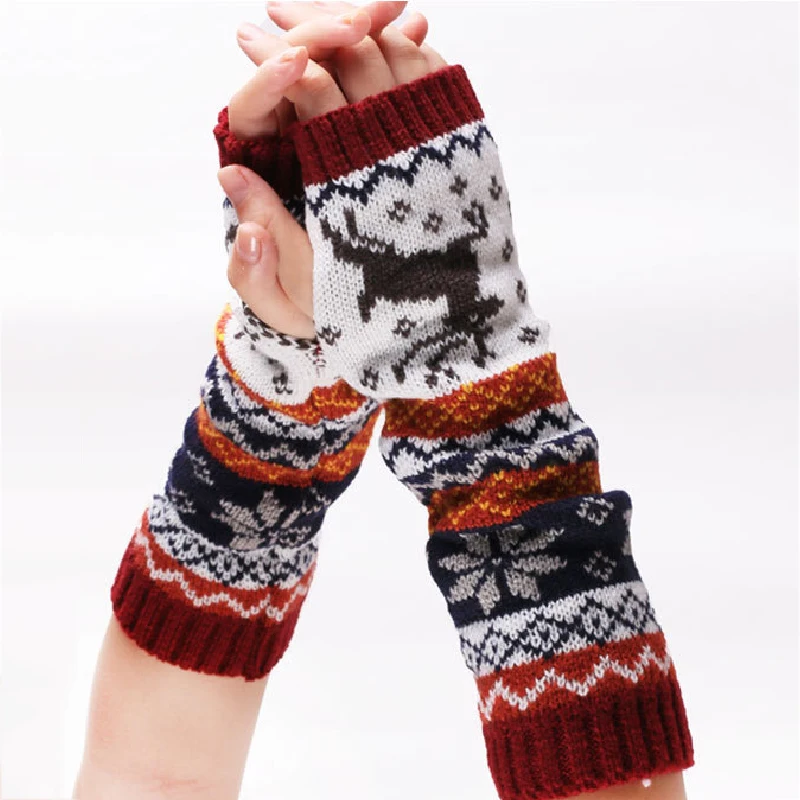 

Fashion Women Arm Warmers Deer/Snowflake Winter Fingerless Gloves Knitted Mittens Long Gloves Guantes Casual Female Gloves 32cm