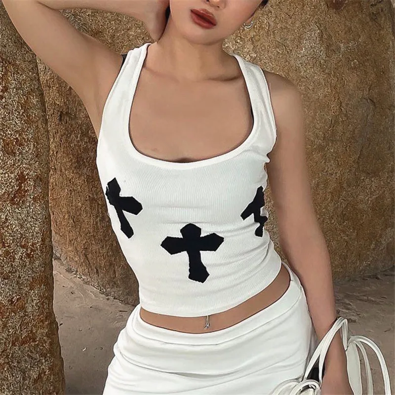 2022 Летняя женская футболка модный кроп-топ с перекрестным принтом и U-образным