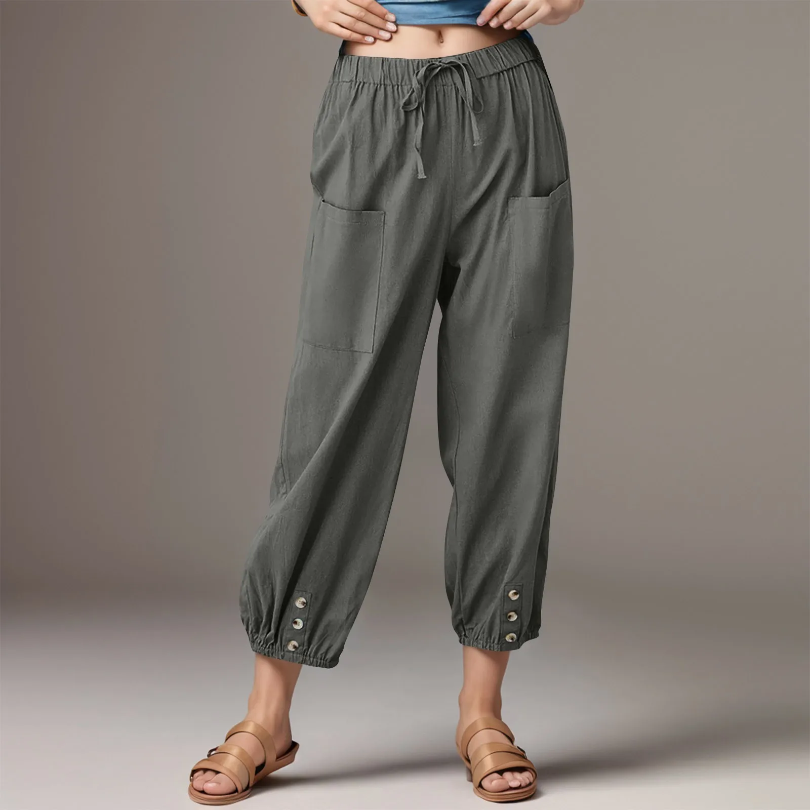 Повседневные женские шаровары длиной до щиколотки из смеси хлопка и льна с