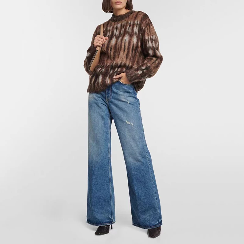 

Женский мохеровый свитер смешанных цветов в стиле ретро с круглым вырезом и свободным свитером с длинными рукавами для мужчин и женщин одного размера