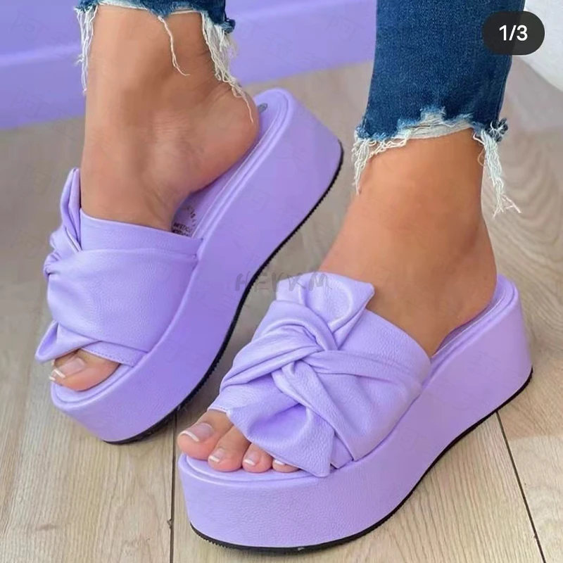 

Platform Bow Pu Leather Fad Sandals Wedges Women Slippers High Heels 2022 Summer New Pumps Flip Flop Dress Slides Women Shoes