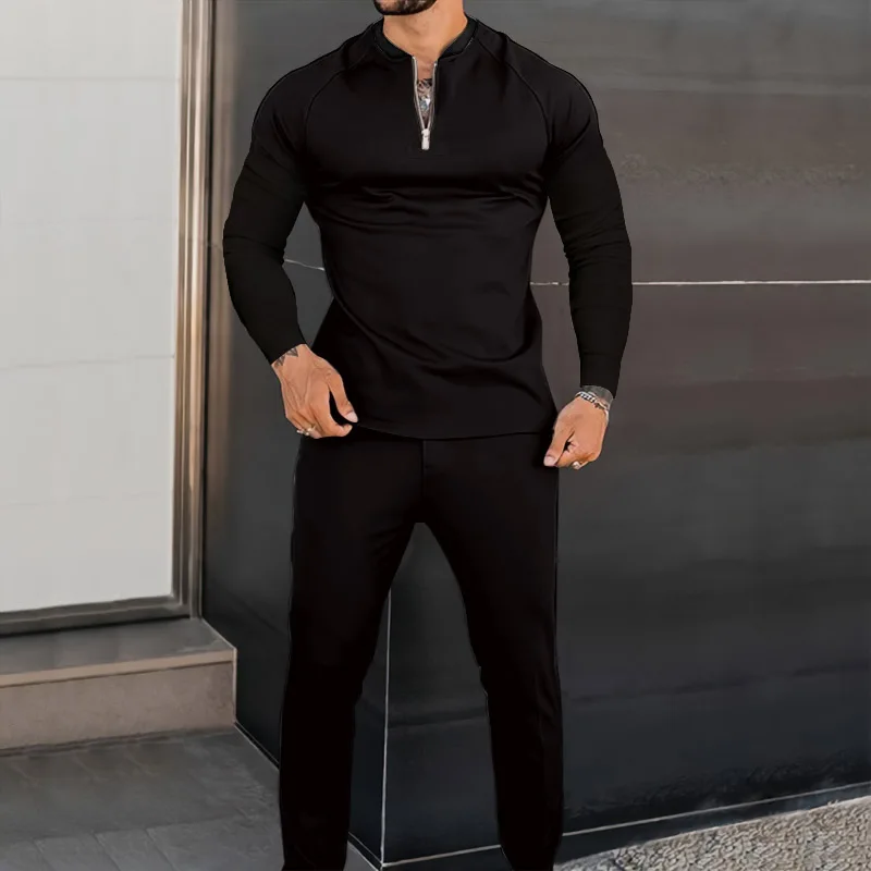 Spring and Fall long sleeved slim polo shirt + Pants 2 piece men's tracksuit Solid color casual V-neck zip-up tracksuit S-3XL