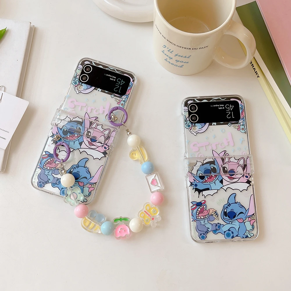 

Cute Cartoon Disney Stitch With Lanyard Bracelet Phone Case for Samsung Galaxy ZFlip3 ZFlip4 5G Fold Anti-drop Cover Coque