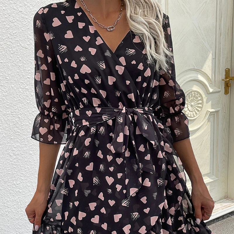 

Women's Dresses Summer 2022 Sexy V Neck Floral Print Boho Beach Dress Ruffle Short Sleeve A Line Mini Dress Wrap Sun Dress Robe