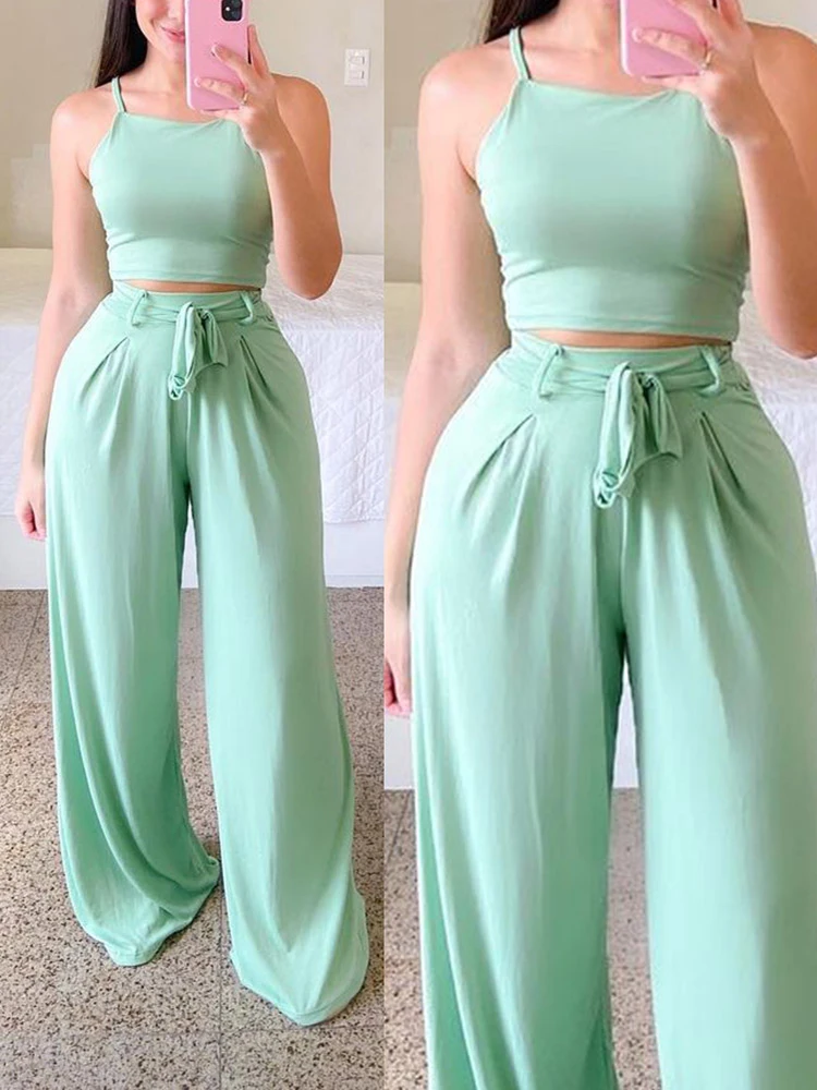 

Shein Romwe Set Of Two Fashion Pieces For Women Square Neck Crop Cami Top & Wide Leg Pants Set Urbano Casual Set Frete Gratis