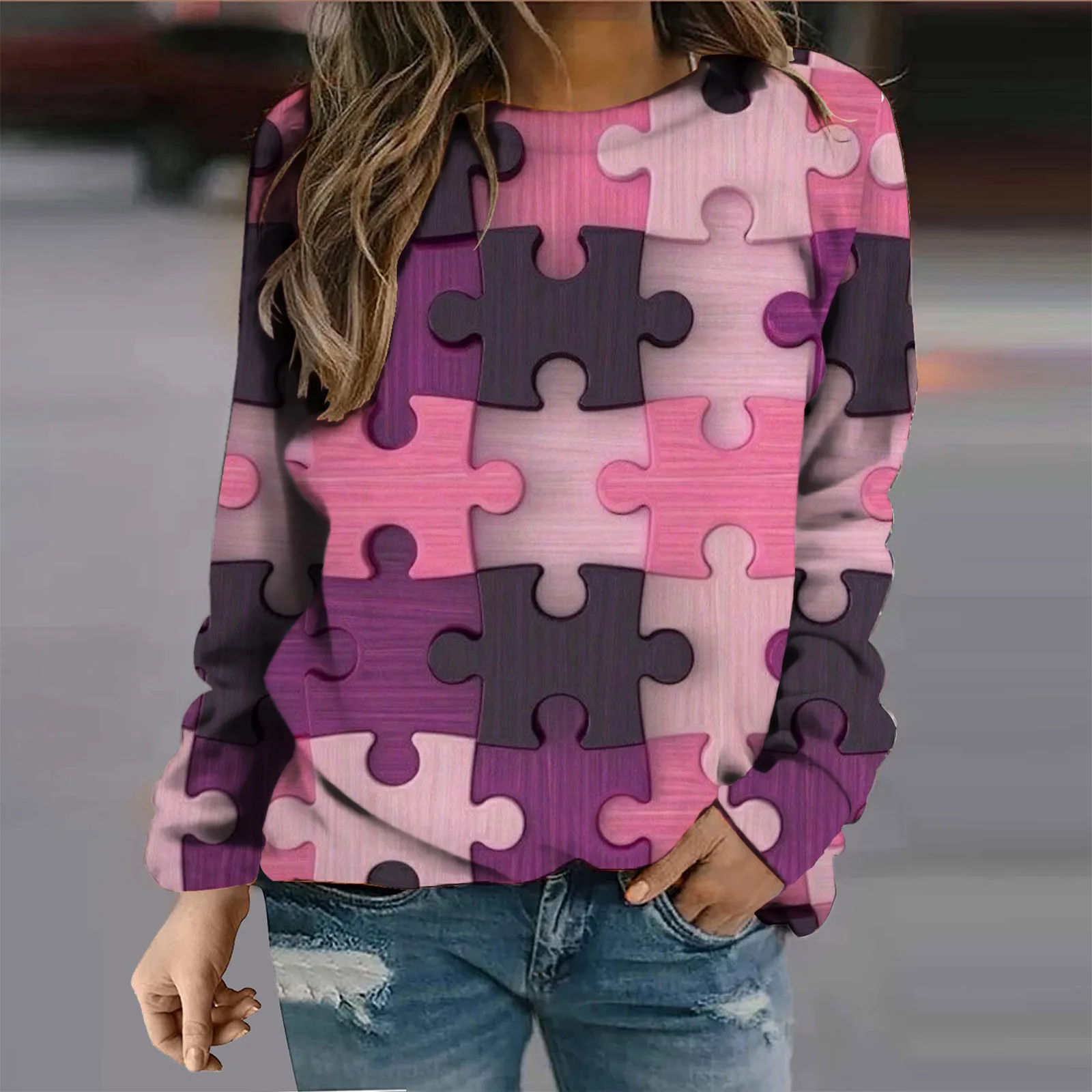 

Women Sweatshirt Pink Puzzle 3d Full Print O-neck Long Sleeve Vintage Pullovers Female Girls Casual Autumn Winter Woman Clothes
