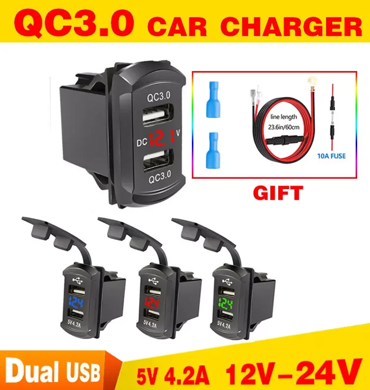 

car stickerUniversal Car Charger 12V 24V 4.2A Display Voltage Dual USB Ports Waterproof Auto Adapter QC3.0 Charger For Iphonecov