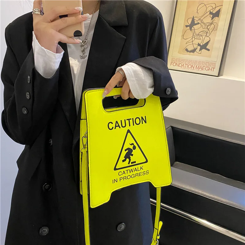 

MBTI Creative Shoulder Bag for Women Stop Caution Letters Sign Personalized Bolsas Purse Fashion Fluorescent Color Crossbody Bag
