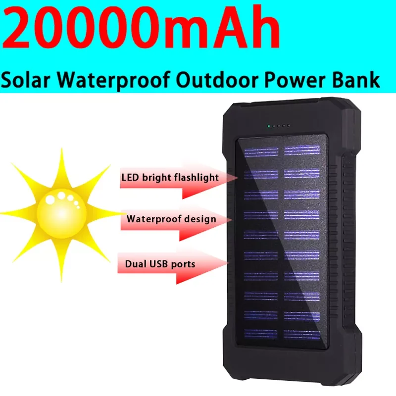 

2023New 20000mah Solar Panel Power Bank Fast Charging External Battery Outdoor Waterproof Charger Flashlight for iPhone Xiaomi H