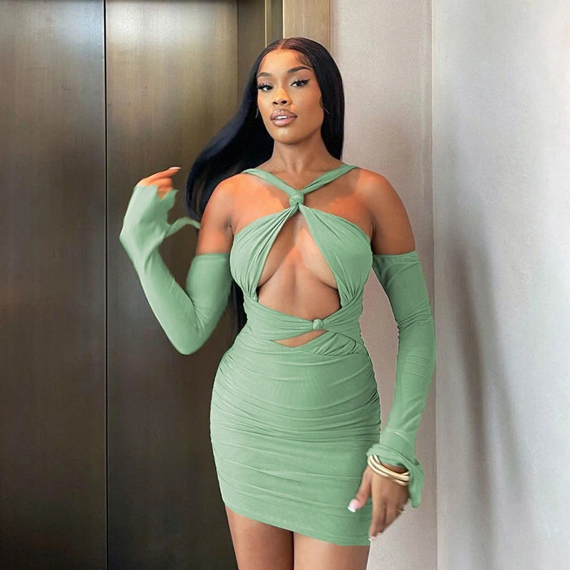 

Autumn and Winter 2022 New Women's Fashion Sexy Cuff Sleeves Twisted Cross Neck Hollow Solid Pleated Hip Wrap Dress