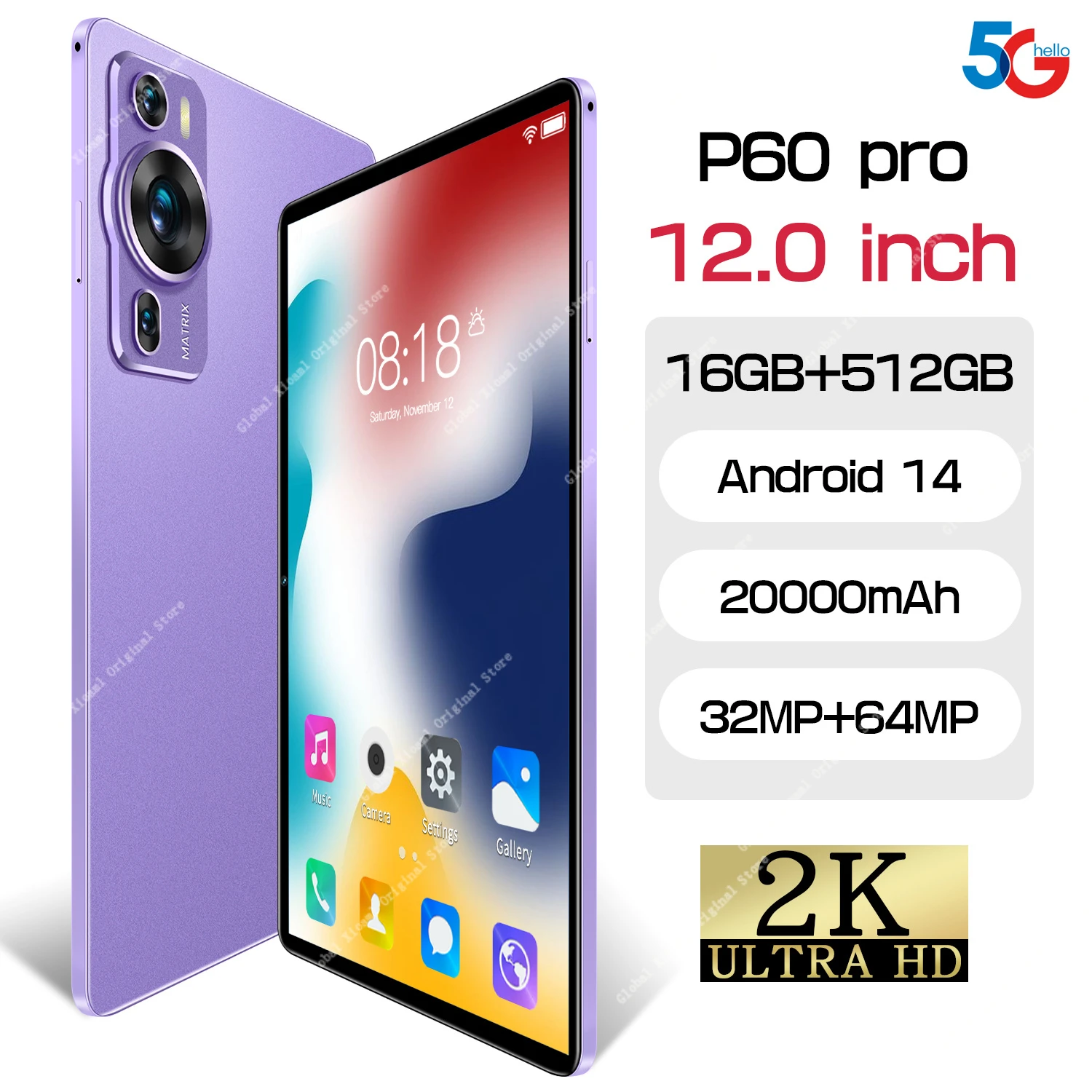 

Global 12.0 inch IPS Display Tablet P60Pro 16GB+1TB Android13 Google Play 5G Dual Sim 8800mAh Original Tablet Support Language