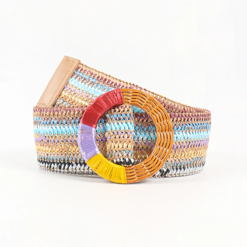 Summer Bamboo Buckle Woven Belt for Woman Decorative Skirt Slim Waist Seal Bohemian Style Colorful Round Buckle Belts New