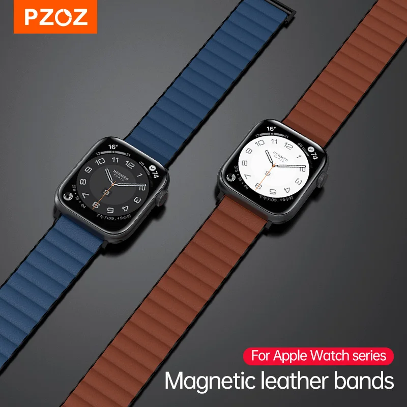 

PZOZ Watch Strap For iWatch 8 7 4 5 6 SE SE2 Magnetic Leather Strap Bands For Apple iWatch Series 6 7 8 Leather Link Watch Band