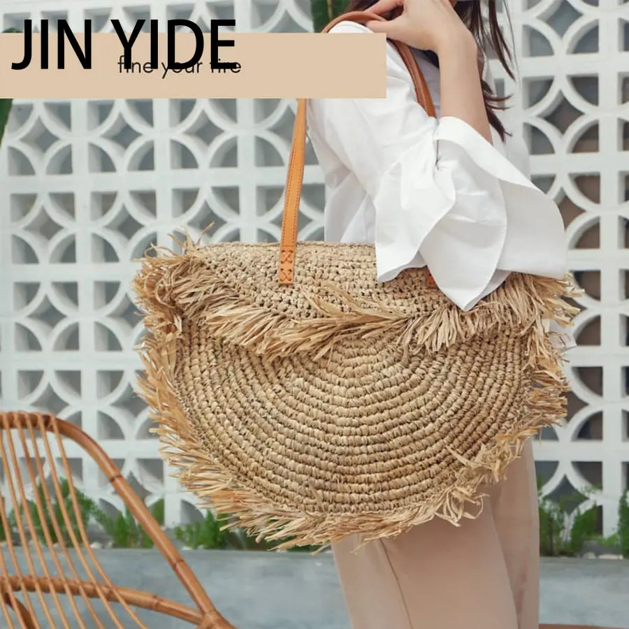 

Соломенная Сумка с кисточками женская, дизайнерский круглый богемный саквояж на плечо из ротанга и бумаги с шипами, большие повседневные пл...