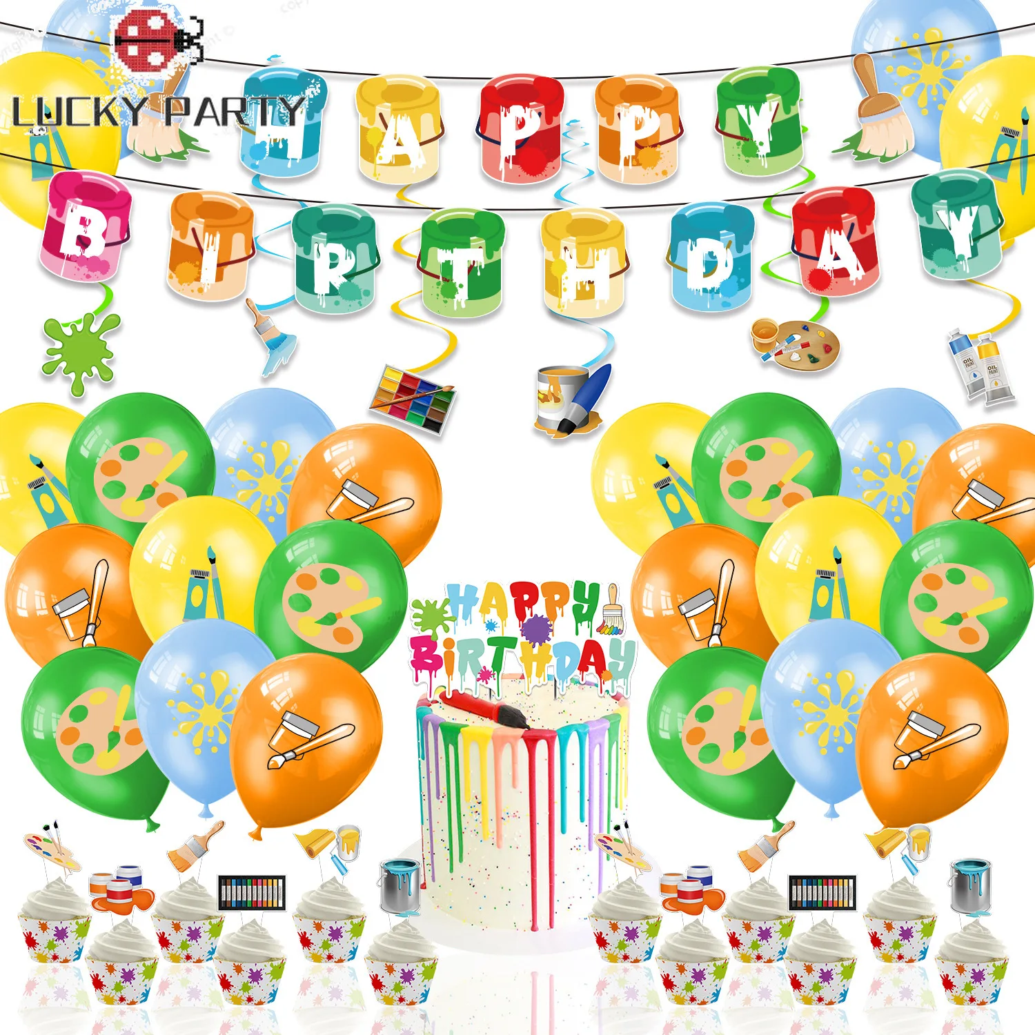 

Art Painting Graffiti Theme Birthday Party Decoration Balloon Set with Palette Cake Topper Brush Print Latex Balloon for Kids