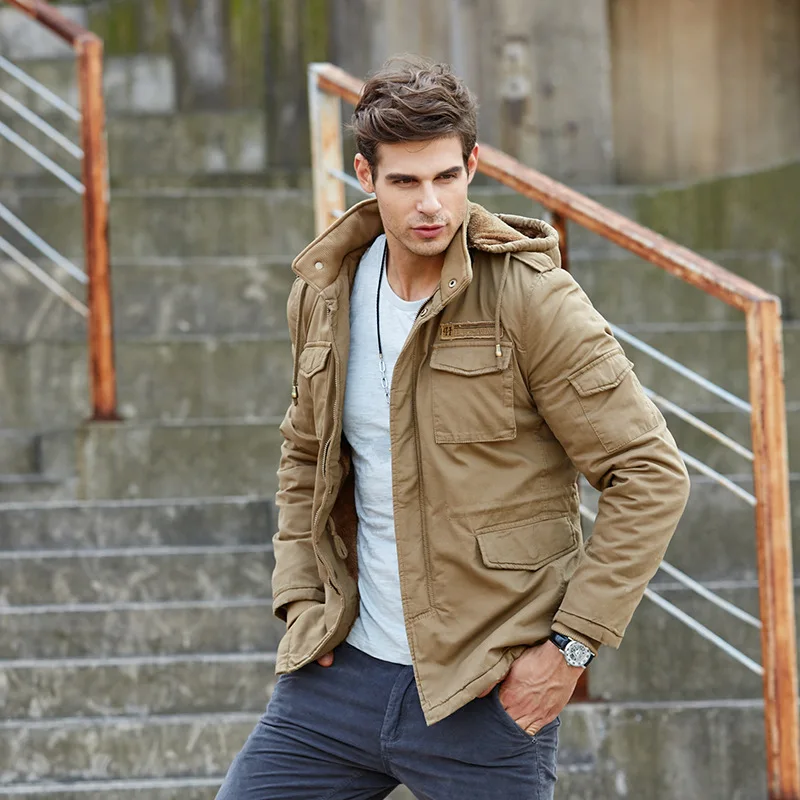 Winter mid-length fleece warm jacket men outdoor casual detachable hooded coat Plus Size Loose parkas multi-pocket cargo jacket