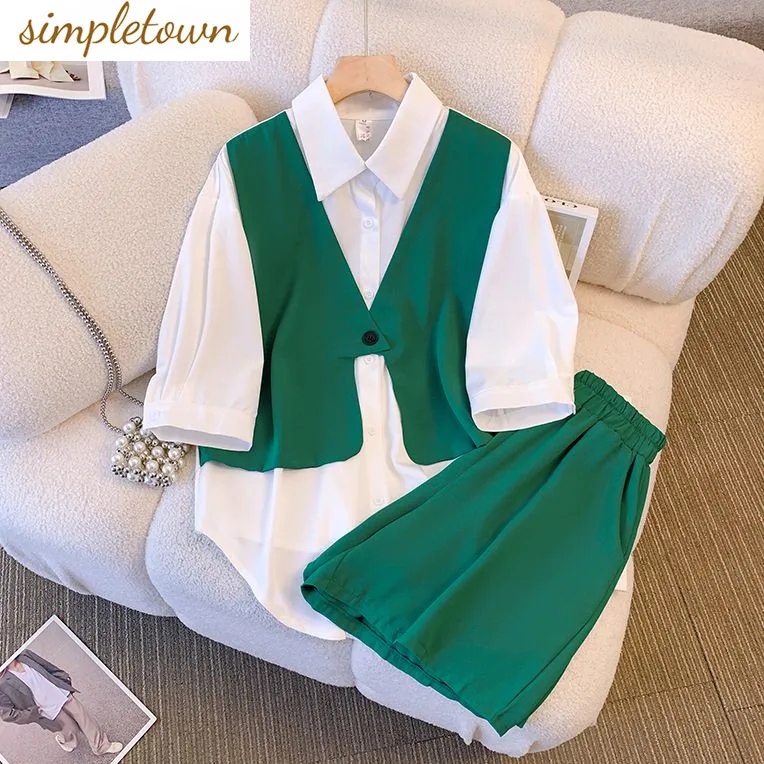 Short Sleeved Patchwork Chiffon Shirt Loose Wide Leg Shorts Two-piece Elegant Women's Shorts Set Summer Casual Outfits