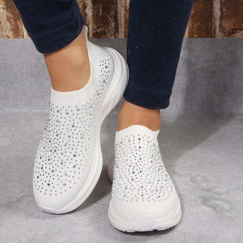 Knit Mesh Crystal Sneakers Women Comfortable Breathable Flats Shoes for Women 2023 Slip on Plus Size Casual Shoes Female