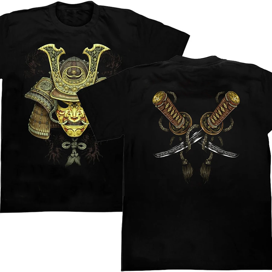 

Japanese Warrior Helmet Diabolic Mask back print Crossed Samurai Sword T Shirt. 100% Cotton Casual T-shirts Loose Top Size S-3XL