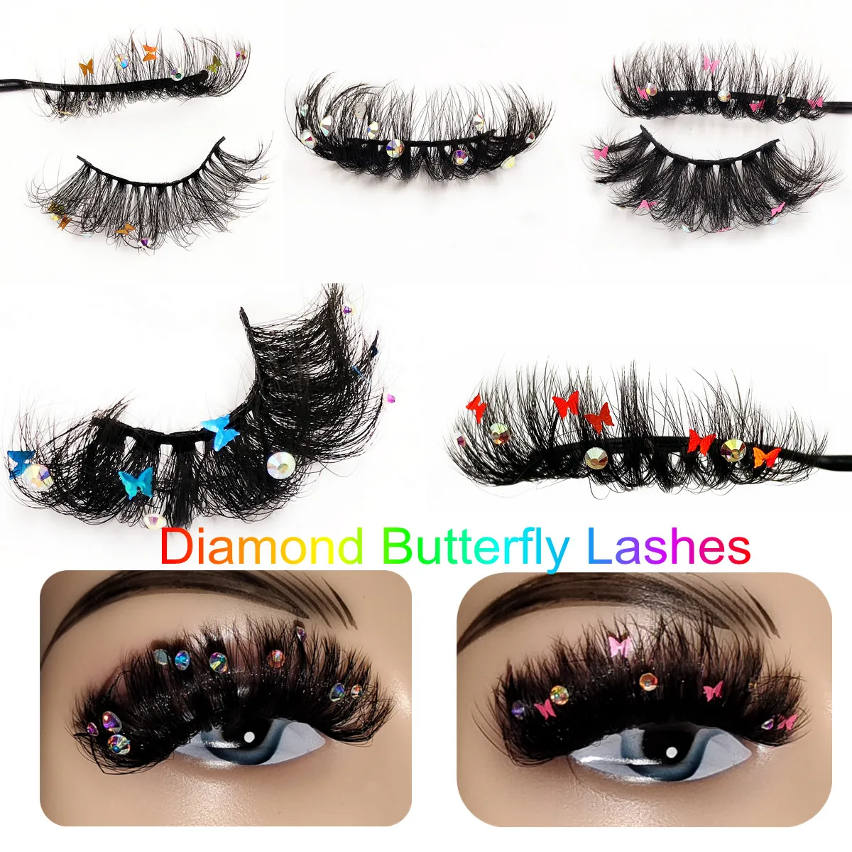 

New 25mm natural fluffy Pink Red Blue Green Holographic Diamond Butterfly false eyelashes fake lashes makeup kit Mink Lashes