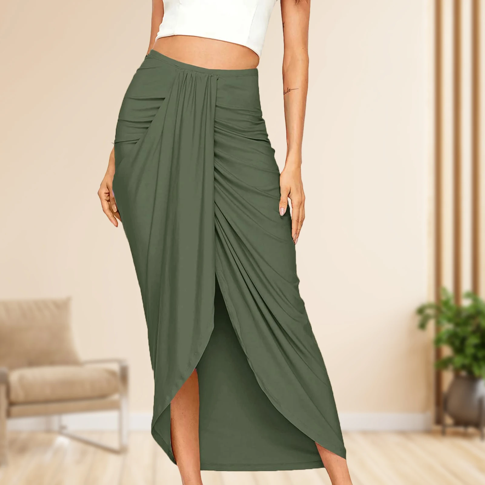

Женская Асимметричная юбка до середины икры, однотонная эластичная элегантная дышащая драпированная юбка макси с разрезом, уличная одежда для отдыха