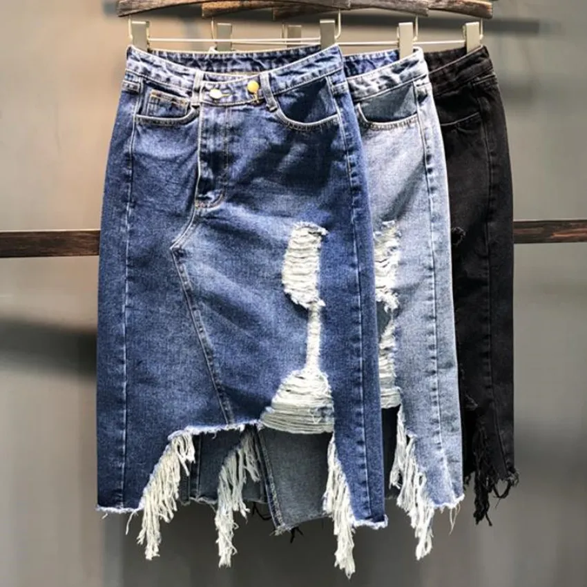 

Женская джинсовая юбка с дырками, необычная облегающая юбка трапециевидной формы с высокой талией, модель весна-лето