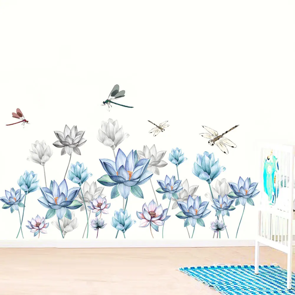 

ПВХ наклейки на стену «сделай сам», синий Лотос, цветок, современный декор для гостиной, спальни, эстетические обои, украшение для дома
