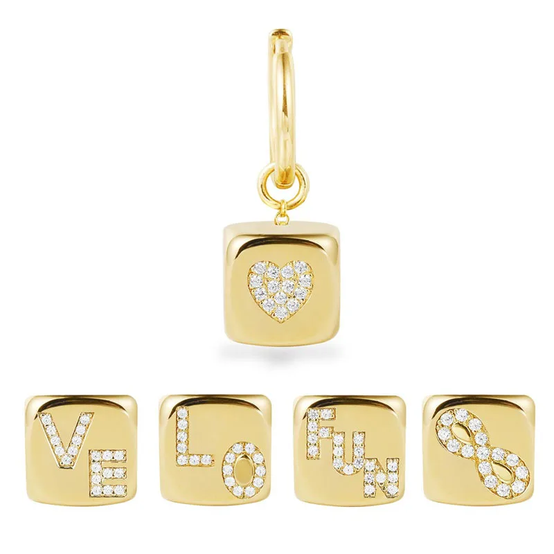 

Fashion S925 Sterling Silver Yellow Gold Color Letter LOVE FUN Single Dice Earrings with Heart Cubic Zirconia for Women