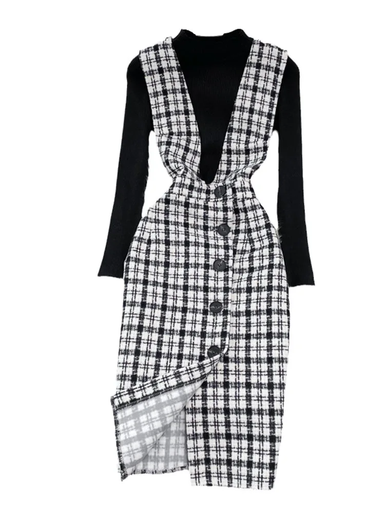 Женское шерстяное платье с разрезом высокой талией и пуговицами