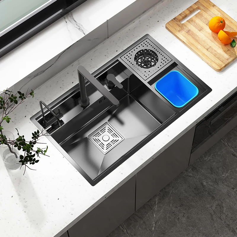 

Black Hidden Cup Washer Sink Nano Handmade Single-slot Household Vegetable Wash Basin Wash Basin With Trash Can