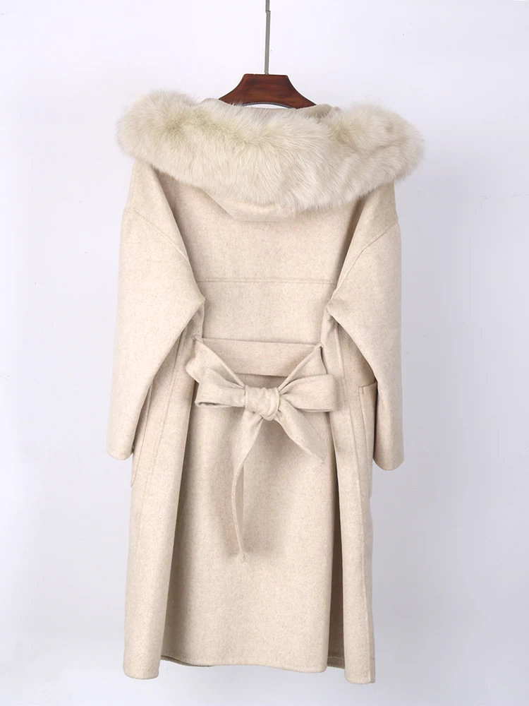 FURYOUME Winter Jacket Women Real Fur Coat Natural Fox Fur Collar Hooded Overcoat Cashmere Wool Blends Oversize Lady Outerwear