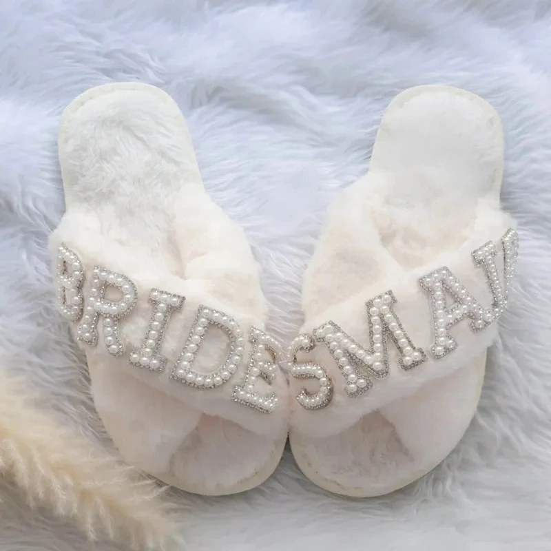 

Bride bridesmaid pearl Fluffy Slippers Bridal Shower Wedding Engagement Honeymoon Bachelorette Party decoration proposal Gift